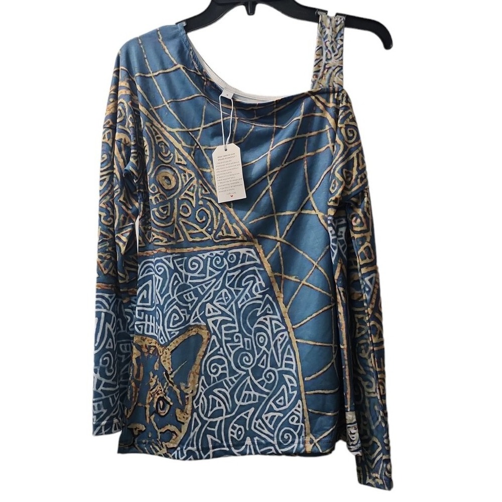 Made with Love Abstract Print‎ One Shoulder Long Sleeve Top Unique Design XL